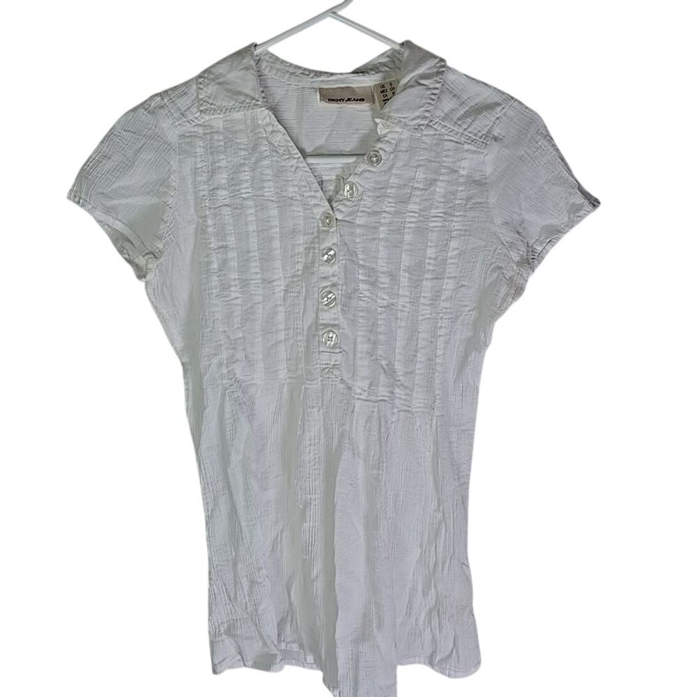DKNY Jeans 100% Cotton Shirt Womens Small White Polo Collar Short Sleeve